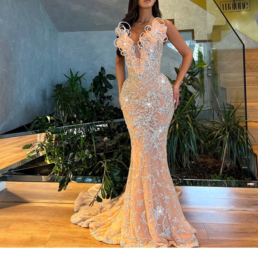 Peach Beaded Strapless Gown Size Small